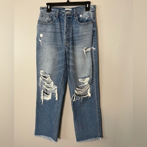 Cello Denim - CELLO Women's Size 9 Blue Mom Jean Distressed Light Wash Stretch Jean Frayed